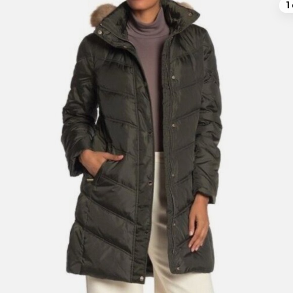 Michael Kors Faux Fur Trim Removable Hood Jade Green Down Coat XL - Picture 3 of 8